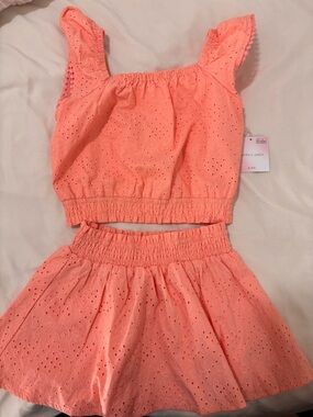 Sadie & Sage Coral Eyelet Girls' Matching Set - Crop Top & Skirt